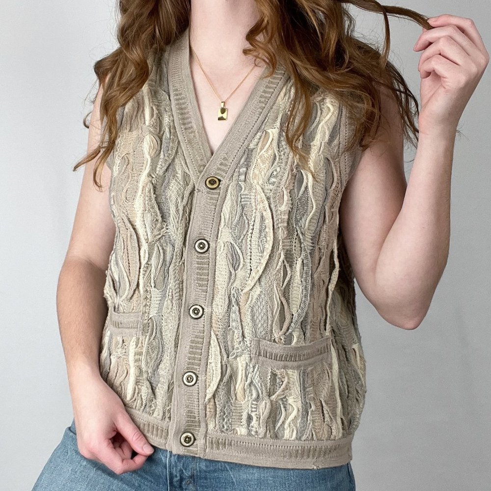 Rare COOGI Australia Wool 3D Cable Knit Oversized Sweater Vest Cardigan 80s 90s - Picture 1 of 8